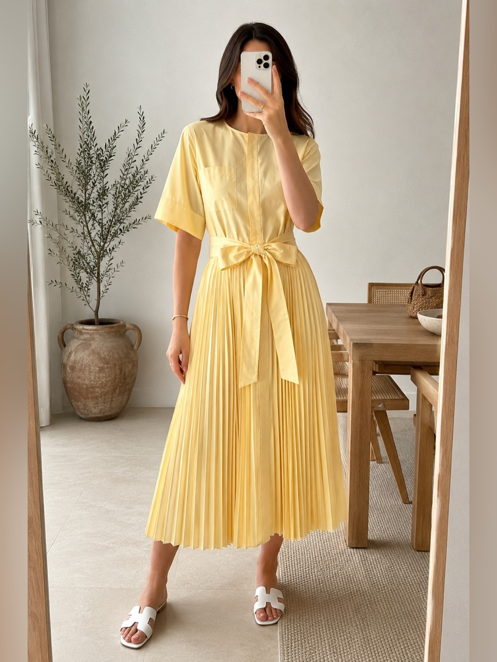 Kobi Halperin Contemporary Pleated Midi Dress Tie Waist Butter Yellow Size S